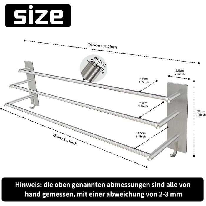 Тримач для рушників Vista з 3-ма перекладинами, 75 см, SUS304 нержавіюча сталь, без свердління, з двома гачками, сріблястий, для ванної, кухні, спальні