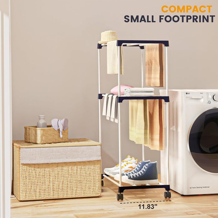 Сушарка для білизни мобільна, 3-ярусна, з коліщатками для ванної кімнати, квартири та пральні