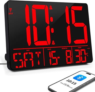 Цифровий настінний годинник XREXS 13'' з LED-дисплеєм, автоматичне калібрування, показ дати, температури, таймер, будильник, Bluetooth
