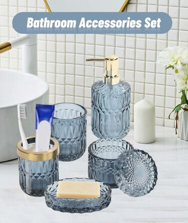 Набір аксесуарів для ванної кімнати Qivine 5 шт., блакитний: стакан для зубної пасти, дозатор мила, контейнер для ватних паличок. Сучасний набір скляних аксесуарів для ванної кімнати
