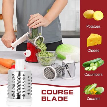 Ручна тертка для сиру та овочів Diealles Shine з 3 змінні леза з нержавіючої сталі, з кришкою, для сиру, овочів, горіхів, кабачків, моркви (червона)