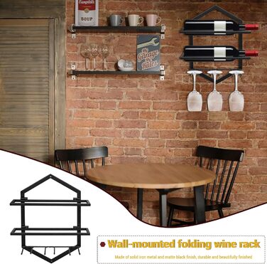 Giyiprpi Metal Wall-Mounted Wine Rack, Hanging Wine Glass Holder Organizer for 2 Bottles and 3 Glasses Included, Wine Shelf Red Wine Rack for Home Kitchen Bar Display Decor (Black 2)