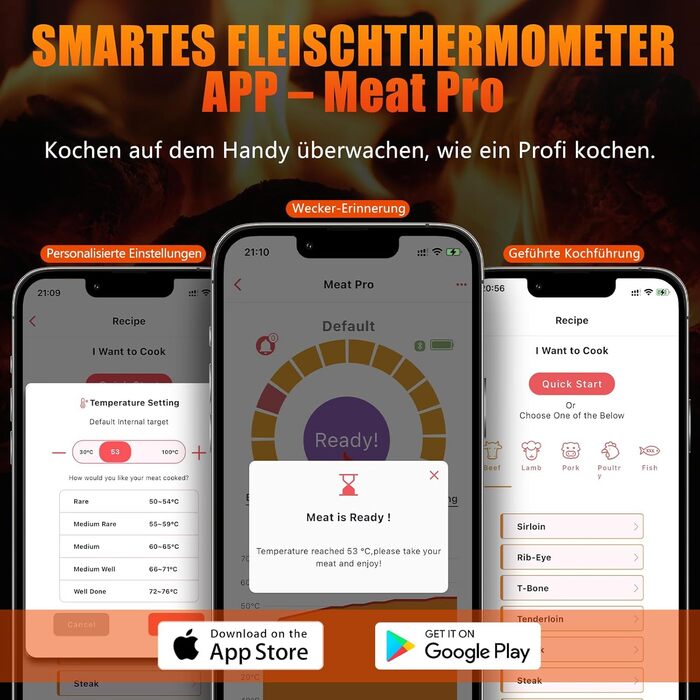 Бездротовий термометр для м'яса, приготування на грилі та в духовці з Bluetooth, таймером та сигналом, для приготування на грилі, в духовці, BBQ, для кухні та гриля EM8