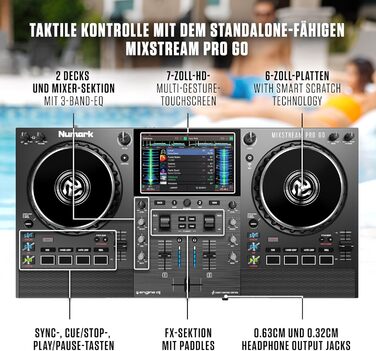 Numark Mixstream Pro Go: Портативний DJ-контролер з акумулятором, мікшер з розділенням STEM, динамік, Wi-Fi, сенсорний екран, сумісний з Serato DJ