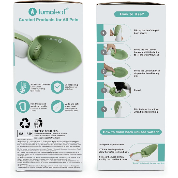 Термофляга для собак LumoLeaf з нержавіючої сталі, 800 мл, зелена - зберігає воду холодною/теплою, довговічна, портативна