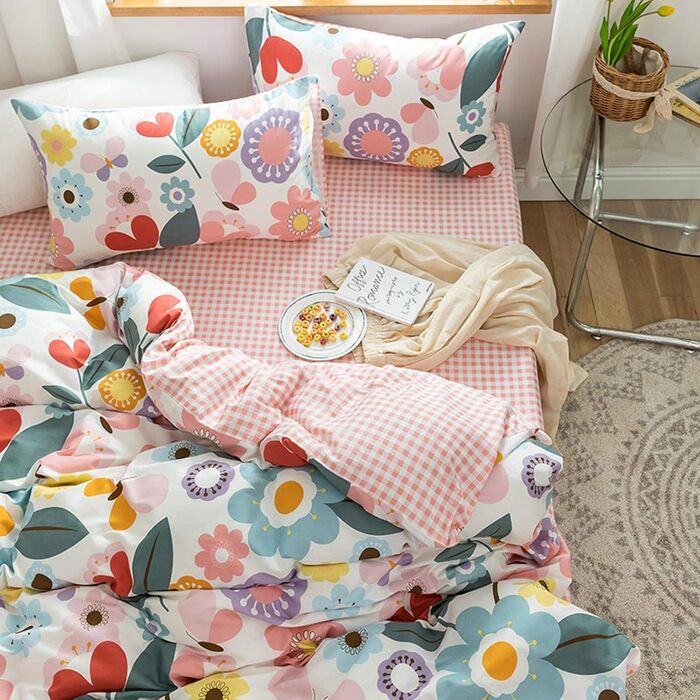 Бетінгова постільна білизна Bunt Blumen 100x135/40x60 - бавовна, квітковий принт, рожево-біла, для дітей