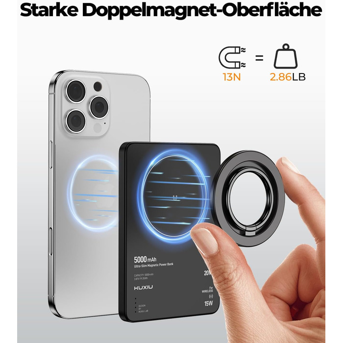 Power Bank KU XIU Magsafe 5000mAh: Тонкий, з підтримкою MagSafe, PD 20W, з кільцем-тримачем, чорний