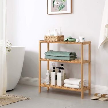 SONGMICS 3-Tier Shelves Bathroom Shelf, Bathroom Rack, Kitchen Shelf, Shoe Shelf, Bamboo Stand Shelf, 60 x 26 x 66 cm ideal for Bathroom, Living Room, Hallway, Kitchen, Balcony BCB33Y