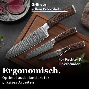 Набір кухонних ножів Wakoli EDIB Damast VG10 (3 шт.) в дерев'яній подарунковій коробці - гострі, ергономічні, з ручками Pakkawood