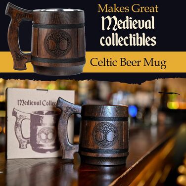 Діжка TESLYAR Вікінг 0.6 л з дуба - середньовічна діжка для пива, кружка, кухоль з гравіюванням молота Тора, руни. Ідеальний подарунок для чоловіків, дерев'яний кухоль.