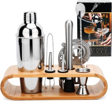 High-quality cocktail shaker set, cocktail mixing set, 10-piece, made of stainless steel, with bamboo storage, including cocktail shaker, jigger, strainer, muddler, bar spoon, ice tongs, bottle opener, and measuring tool.