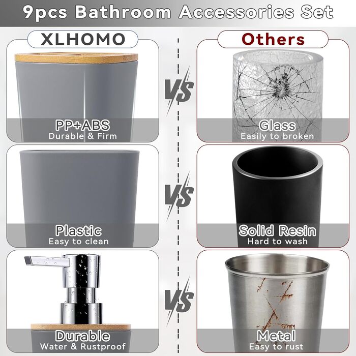 Набір аксесуарів для ванної кімнати, 9 предметів: сміттєвий бак, тримач для зубних щіток, стакан для зубних щіток, диспенсер для мила/лосьйону, полиця для раковини, мильниця, щітка для унітазу, тримач для ватних паличок (сірий, набір для ванної кімнати)