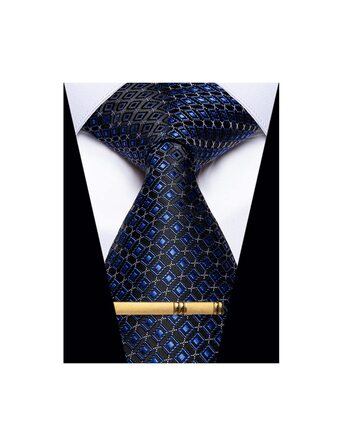 Чоловічі краватки YourTies: смугасті та клітинчасті моделі з шовку, комплект з краваткотримачем (синьо-чорний клітинка)