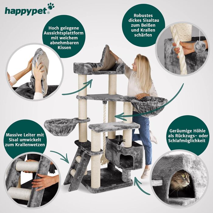 HAPPYPET Драбина для котів Jacob XXL - велика, стабільна, з сизалевими стовпчиками та масивною основою, ідеальна для великих порід, сірого кольору