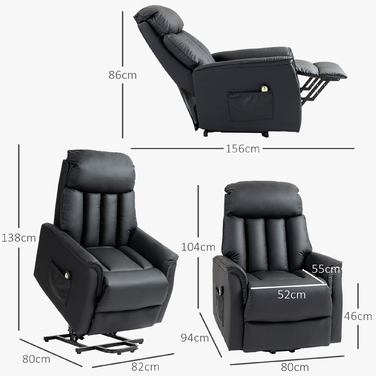 HOMCOM Electric Recliner TV Chair with Lift Assistance, Reclining Function, Massage Chair with Footrest, Side Pocket, Remote Control, for Living Room, up to 150 kg, Faux Leather, Black | Aosom