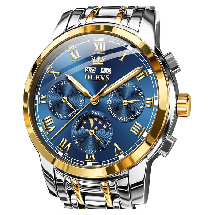 Чоловічий механічний годинник OLEVS з автопідзаводом, золотисто-сріблястий сталевий браслет, синій циферблат, фаза місяця, водонепроникний, люкс бізнес-стиль (6692)