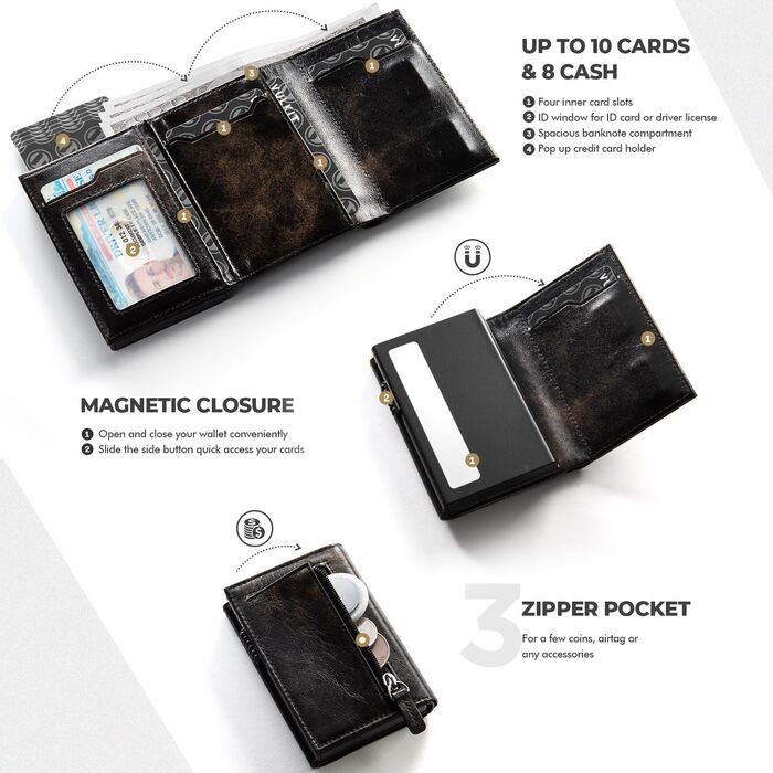 Портмоне для карток VULKIT RFID з захистом, з натуральної шкіри, з відділенням для грошей, віконцем для посвідчення та відділенням для монет, на магнітній застібці (Industrial Metallique Texture, Чорний)