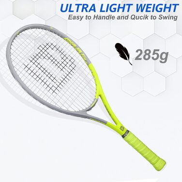 Lunnade 27 Inch Tennis Racket Set - 2 Rackets with Cover - Adult, Beginner & Advanced - Gray & Yellow