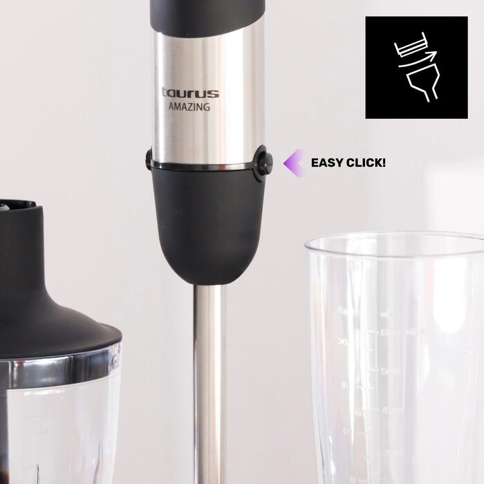 Стабілізатор Taurus Stabmixer 1000W: 20 швидкостей, турбо-функція, 4 леза з нержавіючої сталі, ергономічний дизайн, захист від бризок, аксесуари, нержавіюча сталь, пластик, срібно-чорний