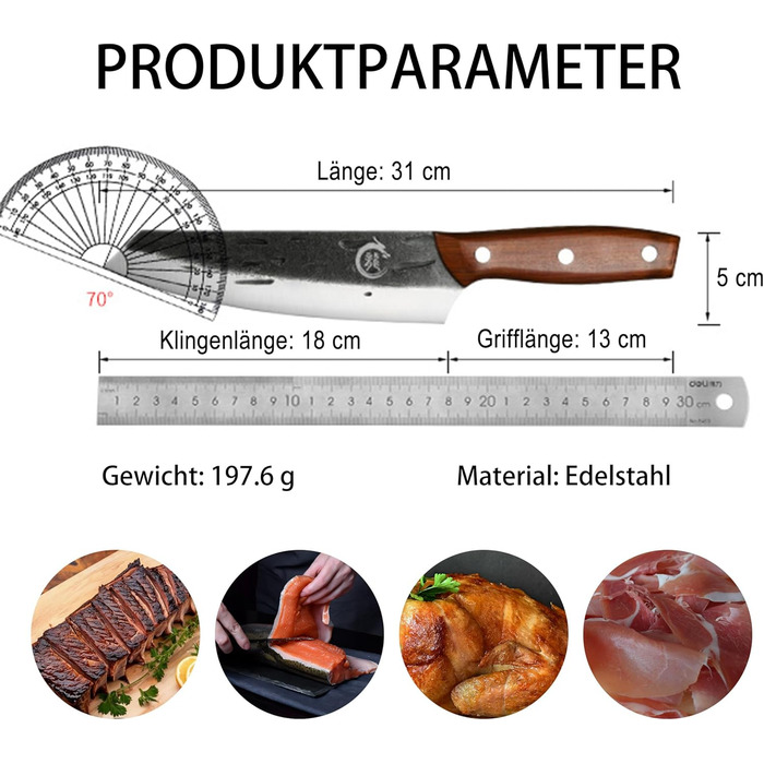 Ніж кухарський Plys 20 см, професійний, з високоякісної нержавіючої сталі, з ергономічною ручкою (чорний)