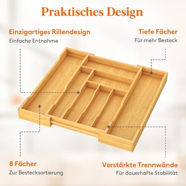 Органайзер для столових приборів Lifewit в шухляду, бамбуковий, 47 см (29-50 см)