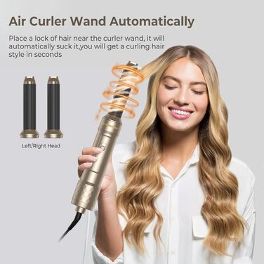 Набір для укладки волосся 6 в 1: фен, круглі щітки, локони, випрямляч, без термічного пошкодження, золото