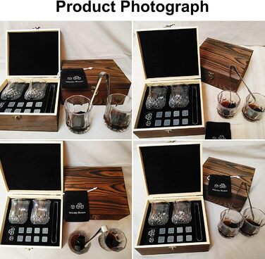 Набір для віскі: 8 кам'яних кульок з 2 склянками, щипці та дерев'яна коробка - набір з натурального базальту, багаторазові кубики льоду