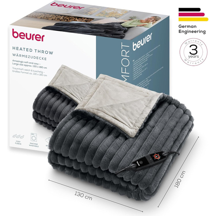 Електрична ковдра Beurer HD 75 Nordic з штучним хутром, 6 температурних режимів, автовимкнення, 180x130 см, бежево-коричнева