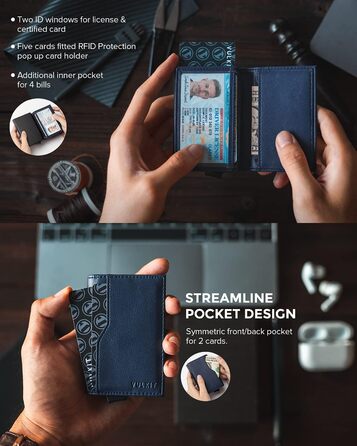 Кредитне портмоне VULKIT з двома вікнами для ID, RFID-захистом, автоматичний підйом, з натуральної шкіри, для карток та грошей (Морський колір)