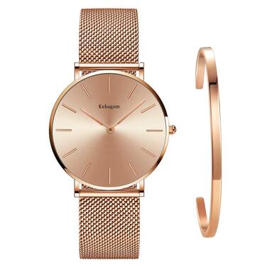 Жіночий годинник аналоговий кварцовий з нержавіючої сталі, водонепроникний, з мікросіткою, ультратонкий комплект з браслетом (рожеве золото, рожеве золото, рожеве золото)