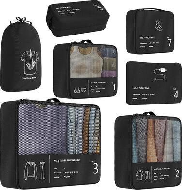 Органайзер для валізи Yomisee, набір 7 шт. - комплект кубиків для пакування, туристичні сумки для одягу, чорний