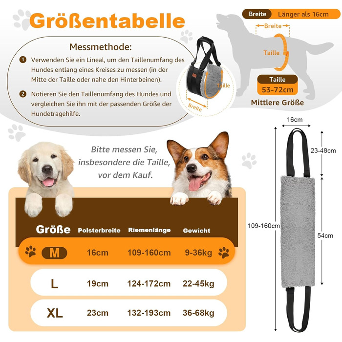 Регульована переносна допомога для собак, повід для реабілітації, для собак з обмеженими можливостями, поранених або літніх собак - шлейка для собак як засіб для ходьби для маленьких і великих собак (Сірий, M)