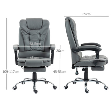 HOMCOM Chef Office Chair with Footrest, Reclining Desk Chair, Height-Adjustable Computer Chair with Armrests, Swivel Chair for Office, Faux Leather, Grey | Aosom