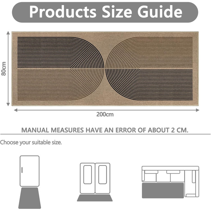 Килимок для підлоги 80x200 см з джуту - чорно-коричневий, неслизький, для кухні, коридору, спальні, балкону
