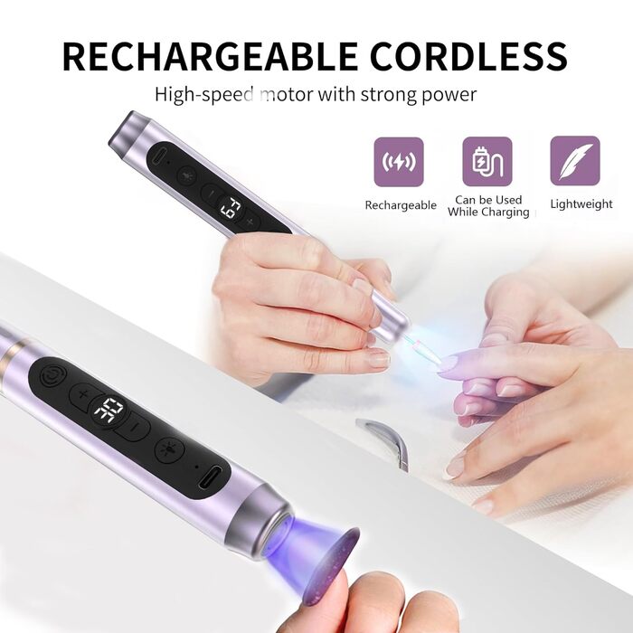 Електричний фрезер для нігтів бездротовий 12 в 1 професійний, манікюр/педикюр, USB, 9 швидкостей, 20000 об/хв (фіолетовий)