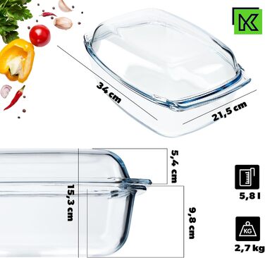 Жароміцна скляна форма KADAX з кришкою, 5.8 л, прямокутна, для запікання, лазаньї, овочевого рагу, використання у духовці