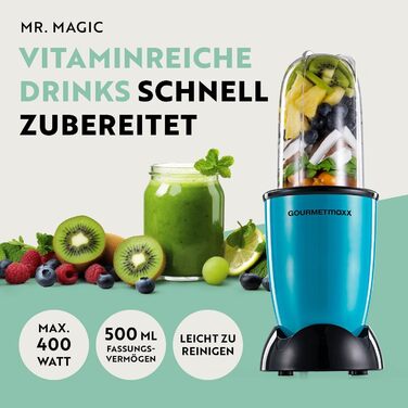 GOURMETmaxx Mr. Magic: Блендер для смузі та шейків 400W | Комплект з насадкою, чашею 500мл та кришкою To Go | Зелений, Чорний
