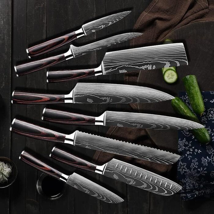 Набір професійних кухонних ножів | Шеф-ніж, Сантоку, хлібний ніж та інші | Нержавіюча сталь з лазерним візерунком, ручки з пакавуду | Подарунковий набір