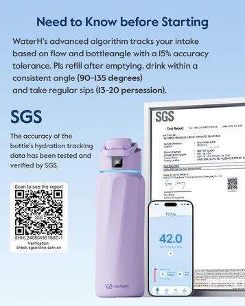 Розумна пляшка для води WATERH Boost 946 мл, з нагадуванням про пиття, сталь, подвійні стінки, вакуумна ізоляція, широка горловина, бузковий колір