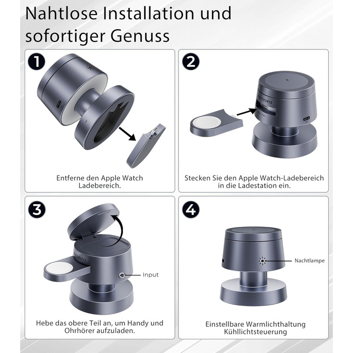 База для зарядки 4-в-1 для iPhone 17/16/15/14 Pro Max, бездротовий зарядний стан з нічним світлом, сумісний з Apple Watch та AirPods (сірий, 20W)
