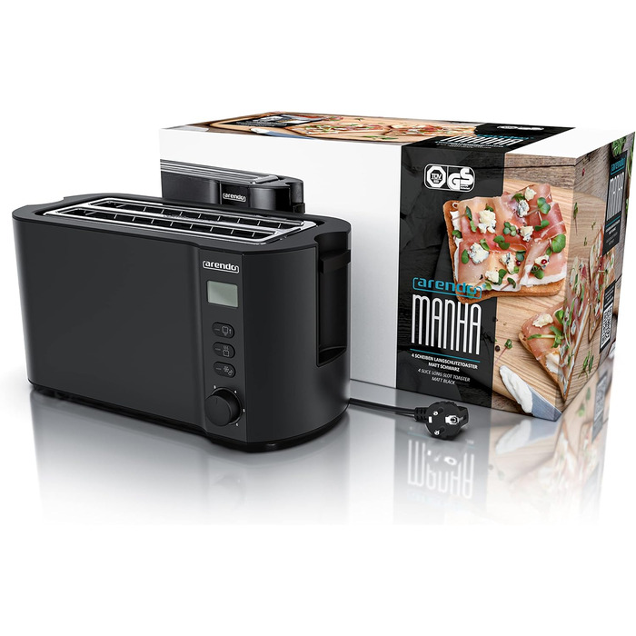 Тостер Arendo з нержавіючої сталі з 4 широкими слотами, подвійними стінками, тримачем для булочок, 6 ступенів підсмажування, центровкою хліба, автоматичним вимкненням та дисплеєм з індикатором часу (чорний)