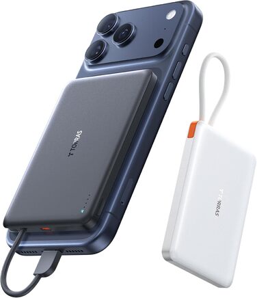 Портативний зарядний пристрій TORRAS Slim Powerbank 10000mAh з кабелем USB-C, 22.5W PD3.0, для iPhone, Samsung, AirPods, білий