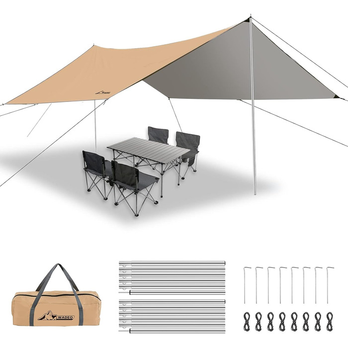 Водонепроникний намет WADEO 3x4 м: брезент для кемпінгу, тент для намету з брусками, кілочками та мотузками, ультралегкий, для кемпінгу та пікніків на природі, хакі