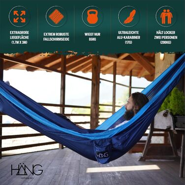Гамак HÄNG XXL 300x170 см для 2 осіб - вуличний, водостійкий, ультралегкий (850г), навантаження 200 кг. З парашутної тканини для кемпінгу, подорожей та саду + комплект кріплень (Navy & Blue)
