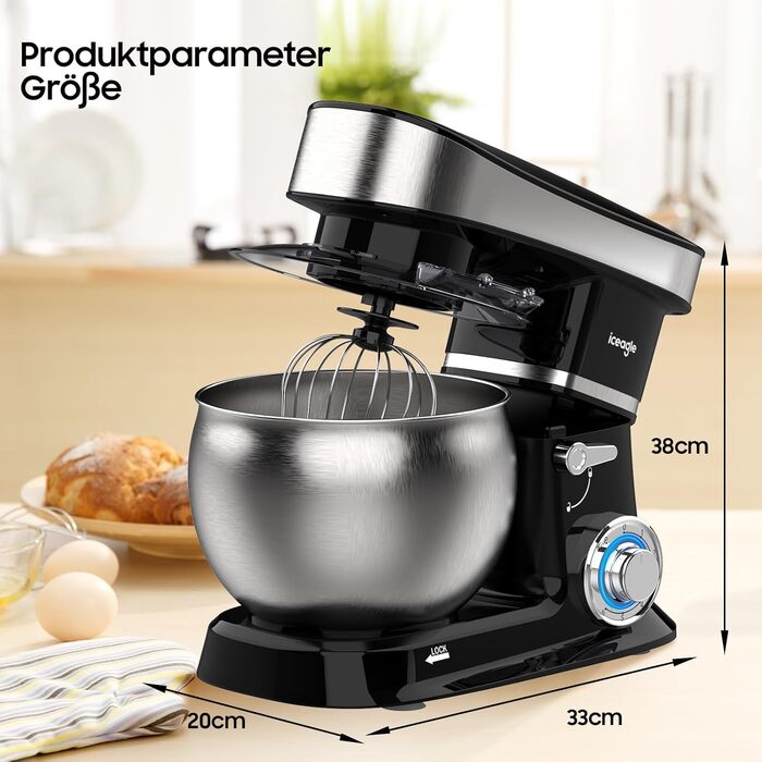 Кухонна машина з чашею 6л з нержавіючої сталі, міксер для тіста з Flexi-мішалкою, гаком для тіста та вінчиком, 6 швидкостей, 1500 Вт