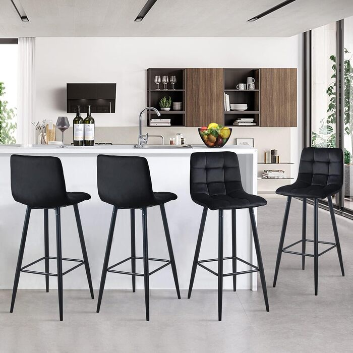 Velvet Bar Stools Set of 2 with Backrest - 66cm Seat Height - Black Kitchen Bar Stools for Countertops