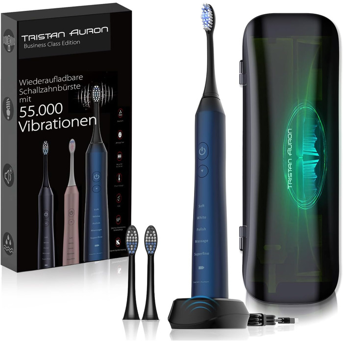 Електрична зубна щітка Tristan Auron - 60 днів акумулятора, 55 000 VPM, 5 режимів, з UV-етиуі та 2 насадки (Рожевий/Блакитний)