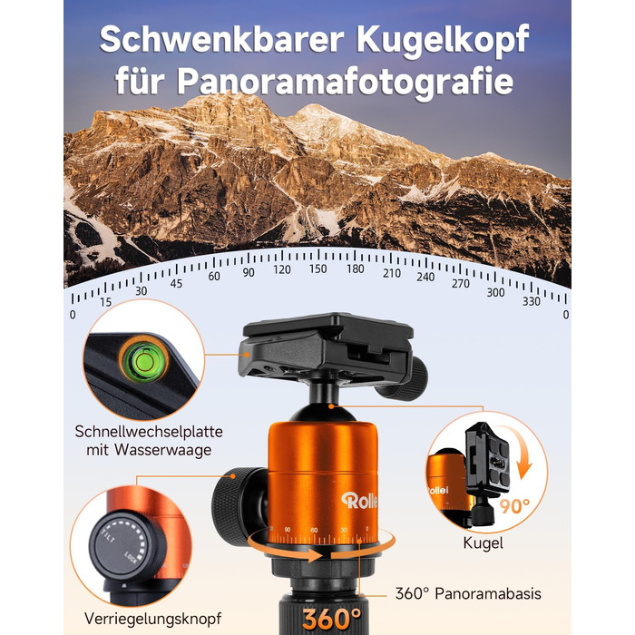 Штатив Rollei Compact Traveler No.1 Orange, 143 см, для камери та смартфона, з кульковою головкою, легкий, алюміній