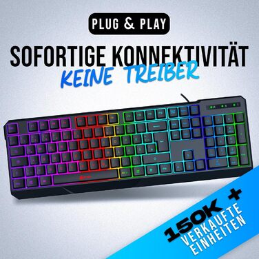 KLIM Chroma - ігрова клавіатура QWERTZ DE з підсвічуванням RGB, USB, водовідштовхувальна, ергономічна, для PC, Mac, PS5, PS4 - чорна