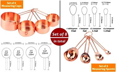 8-Piece Measuring Cup and Spoon Set, Stainless Steel Measuring Spoons with Buckle, Kitchen Baking Accessories for Milk-Tea Shops, Bars, Cafés, Kitchen Utensils (Color: Rose Gold)